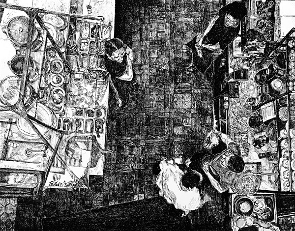 A black and white illustration of restaurant workers after closing. The POV is from above looking down as the workers chat and rest.
