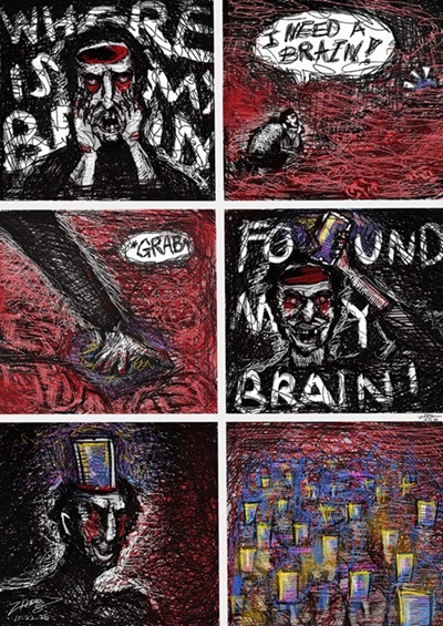 A six panel comic depicting a person screaming for their brain. They see a glowing device, reminiscent of a phone, and say it