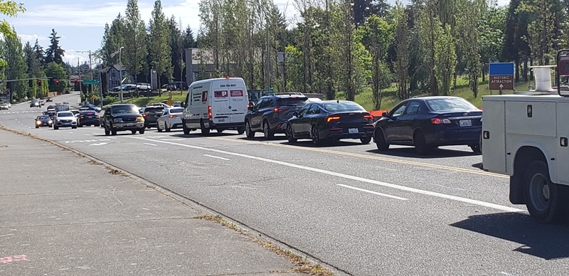 A traffic backup on 196th in Lynnwood as both directions are limited to one lane.