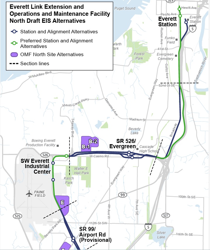 Sound Transit Everett link possible track line map