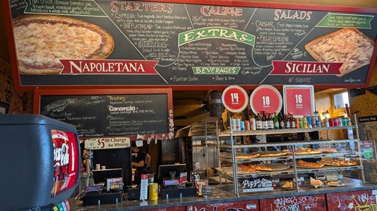 Pizza, menu board, restaurant, Brooklyn Bros. Pizza, menu board, restaurant, Brooklyn Bros.